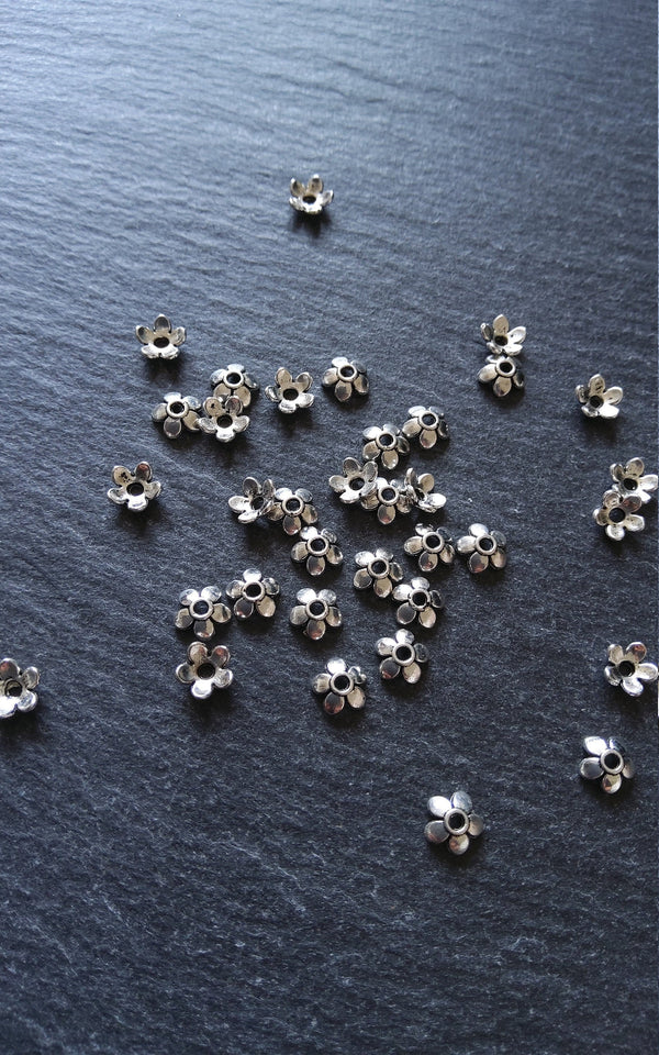 100 or 400 Flower Bead Caps 6mm Antique Silver Tone