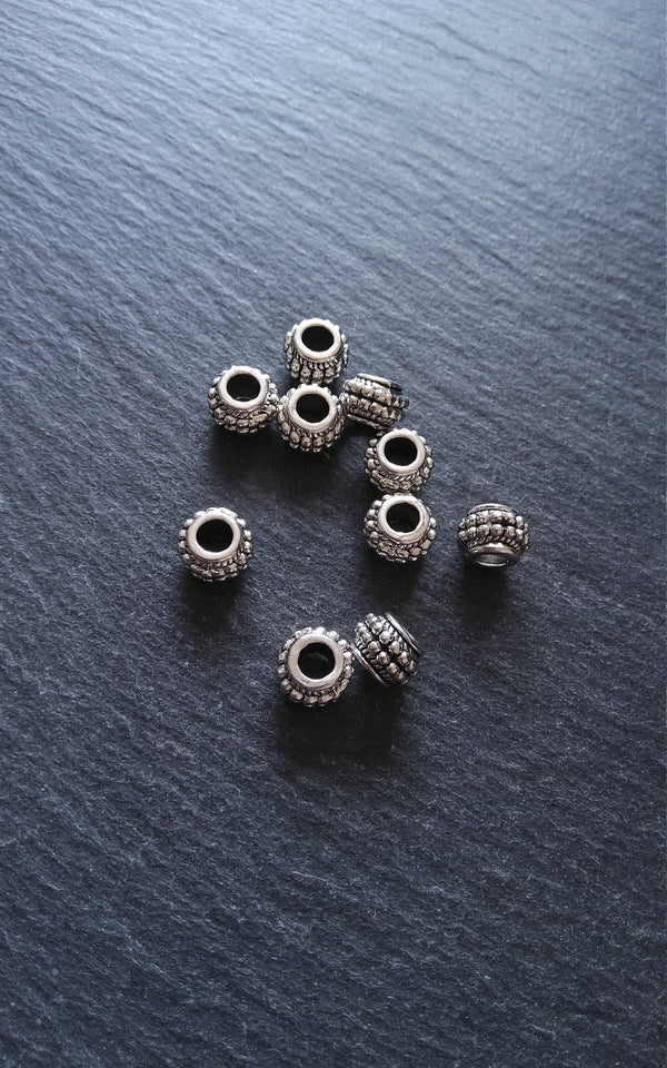 10 or 50 Barrel Lantern 9mm Antique Silver Tone Spacer Beads with Dots 9x7mm Large 4.5mm Hole - ContentedCatz
