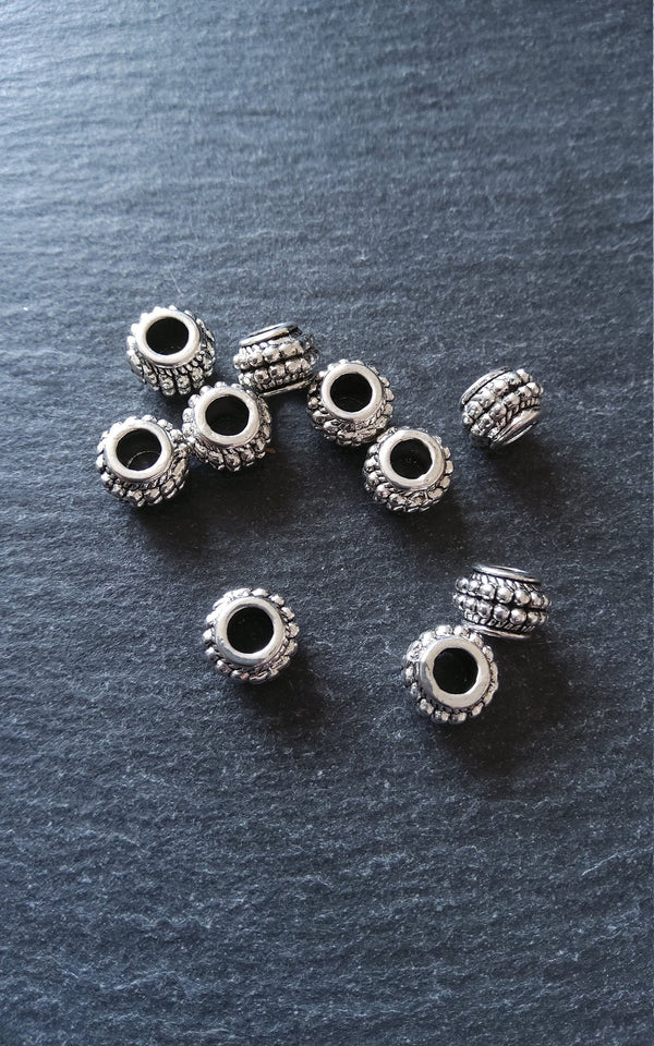 10 or 50 Barrel Lantern 9mm Antique Silver Tone Spacer Beads with Dots 9x7mm Large 4.5mm Hole - ContentedCatz