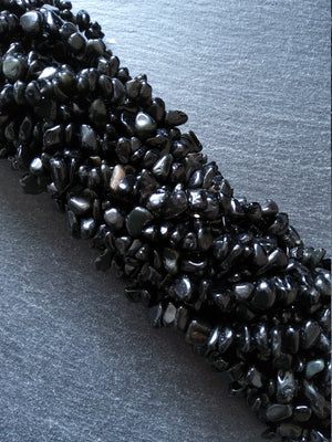 Natural Black Obsidian Irregular Chip Beads approx. 5mm to 8mm. Full 31 inch Strand