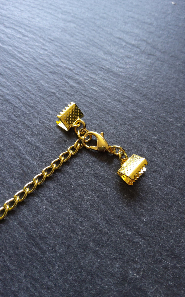 Pack of 5 Gold Plated Crimp End Sets for Ribbon, Various Sizes