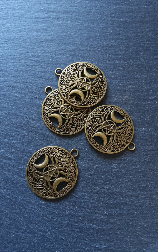 4 or 20 Round Triple Moon Pentagram Charms Antique Bronze Tone Alloy 34x39mm