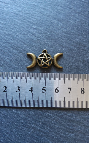 8 or 40 Triple Moon Pentagram Pendant Charms Antique Bronze Tone 30x16x4mm