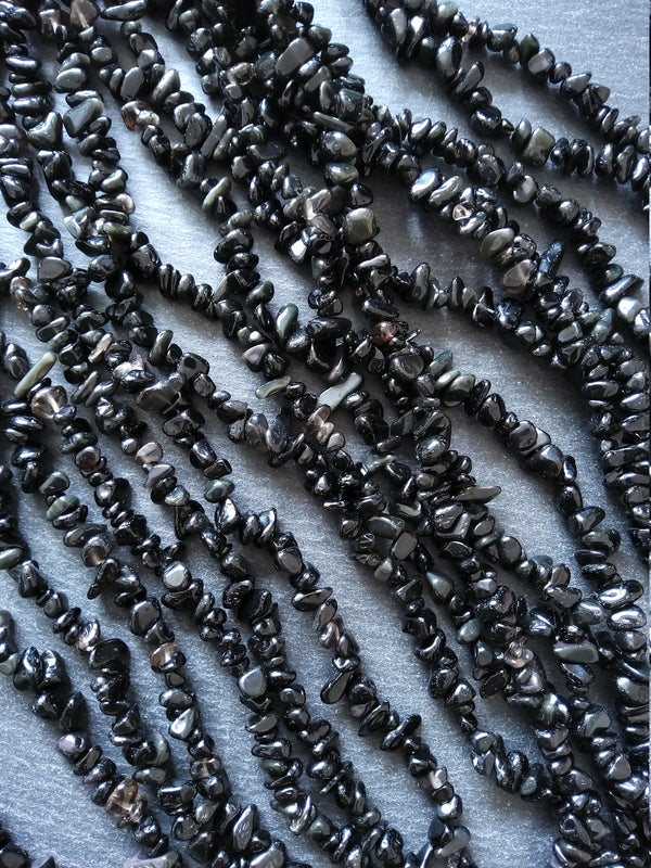 Natural Black Obsidian Irregular Chip Beads approx. 5mm to 8mm. Full 31 inch Strand