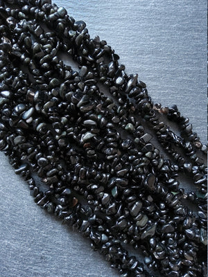 Natural Black Obsidian Irregular Chip Beads approx. 5mm to 8mm. Full 31 inch Strand