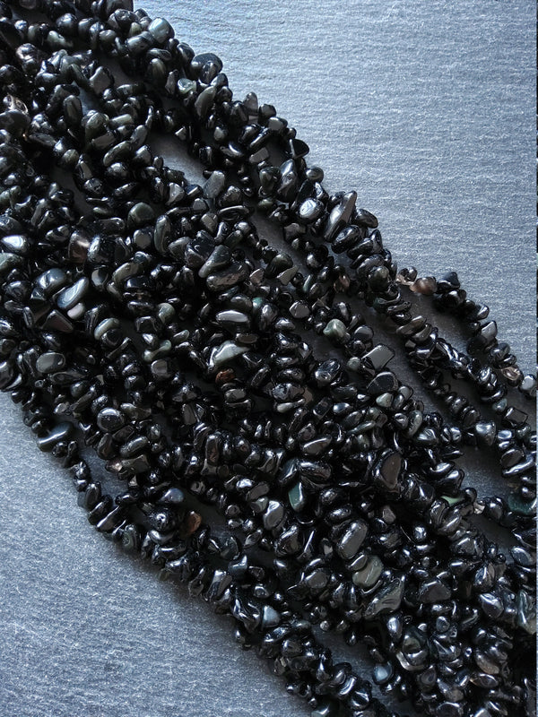 Natural Black Obsidian Irregular Chip Beads approx. 5mm to 8mm. Full 31 inch Strand