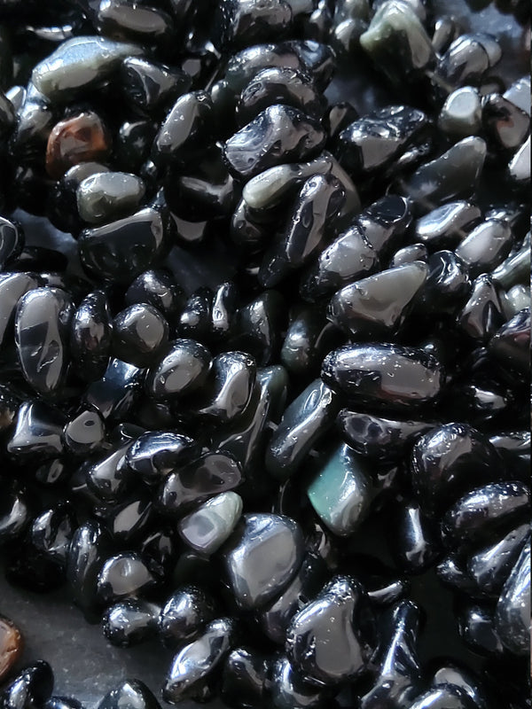 Natural Black Obsidian Irregular Chip Beads approx. 5mm to 8mm. Full 31 inch Strand