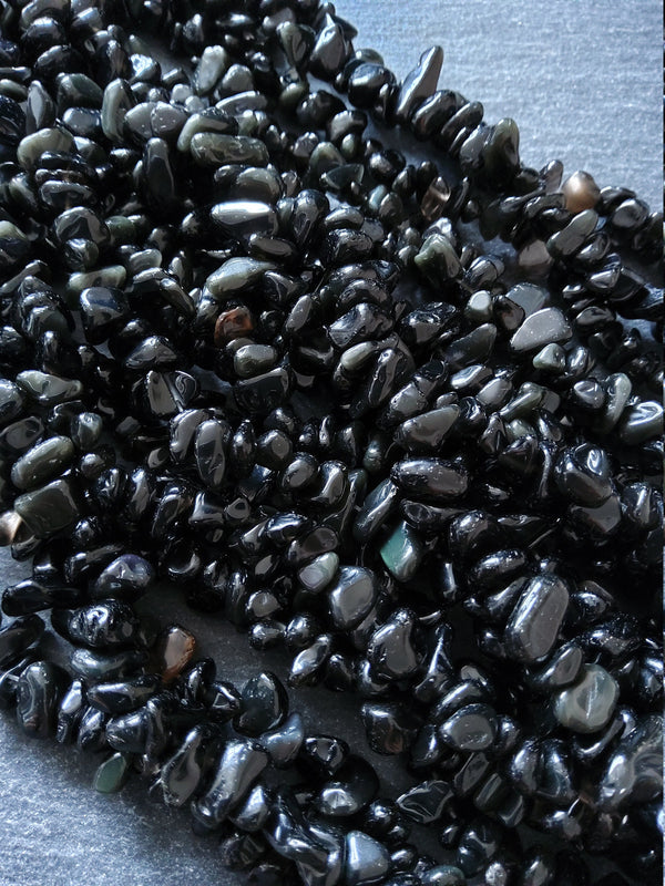 Natural Black Obsidian Irregular Chip Beads approx. 5mm to 8mm. Full 31 inch Strand