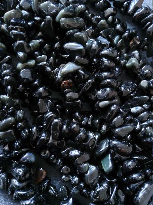 Natural Black Obsidian Irregular Chip Beads approx. 5mm to 8mm. Full 31 inch Strand
