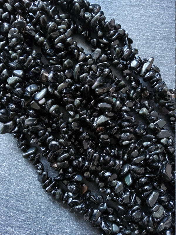 Natural Black Obsidian Irregular Chip Beads approx. 5mm to 8mm. Full 31 inch Strand