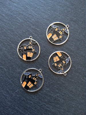 2 or 10 Haunted House Charms Antique Silver Tone Black & Orange 12x8mm