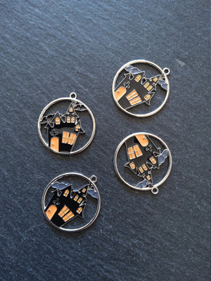2 or 10 Haunted House Charms Antique Silver Tone Black & Orange 12x8mm