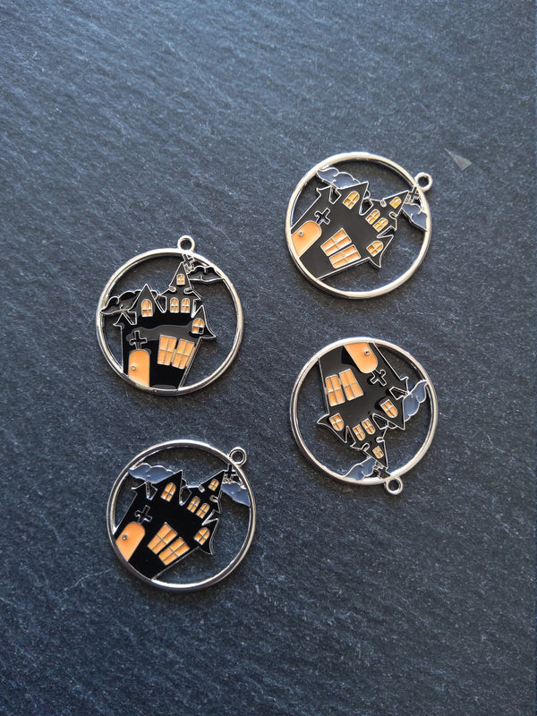 2 or 10 Haunted House Charms Antique Silver Tone Black & Orange 12x8mm