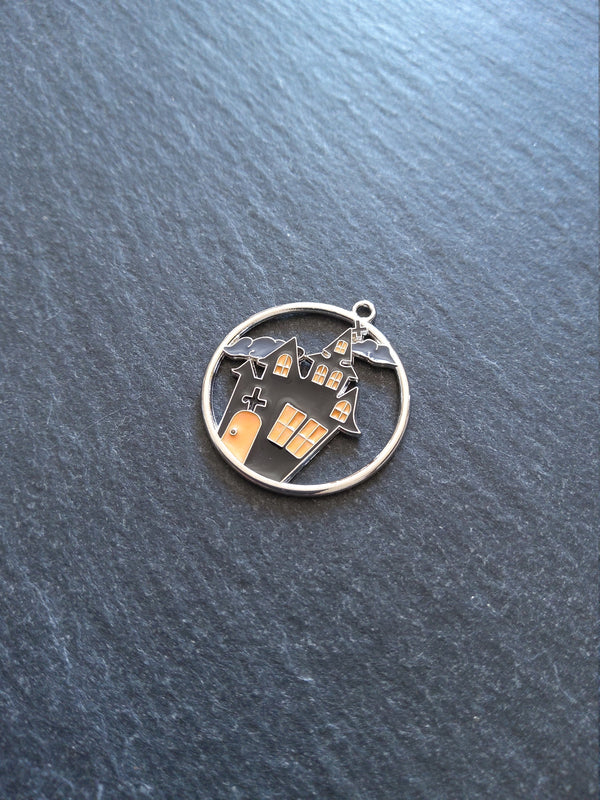 2 or 10 Haunted House Charms Antique Silver Tone Black & Orange 12x8mm