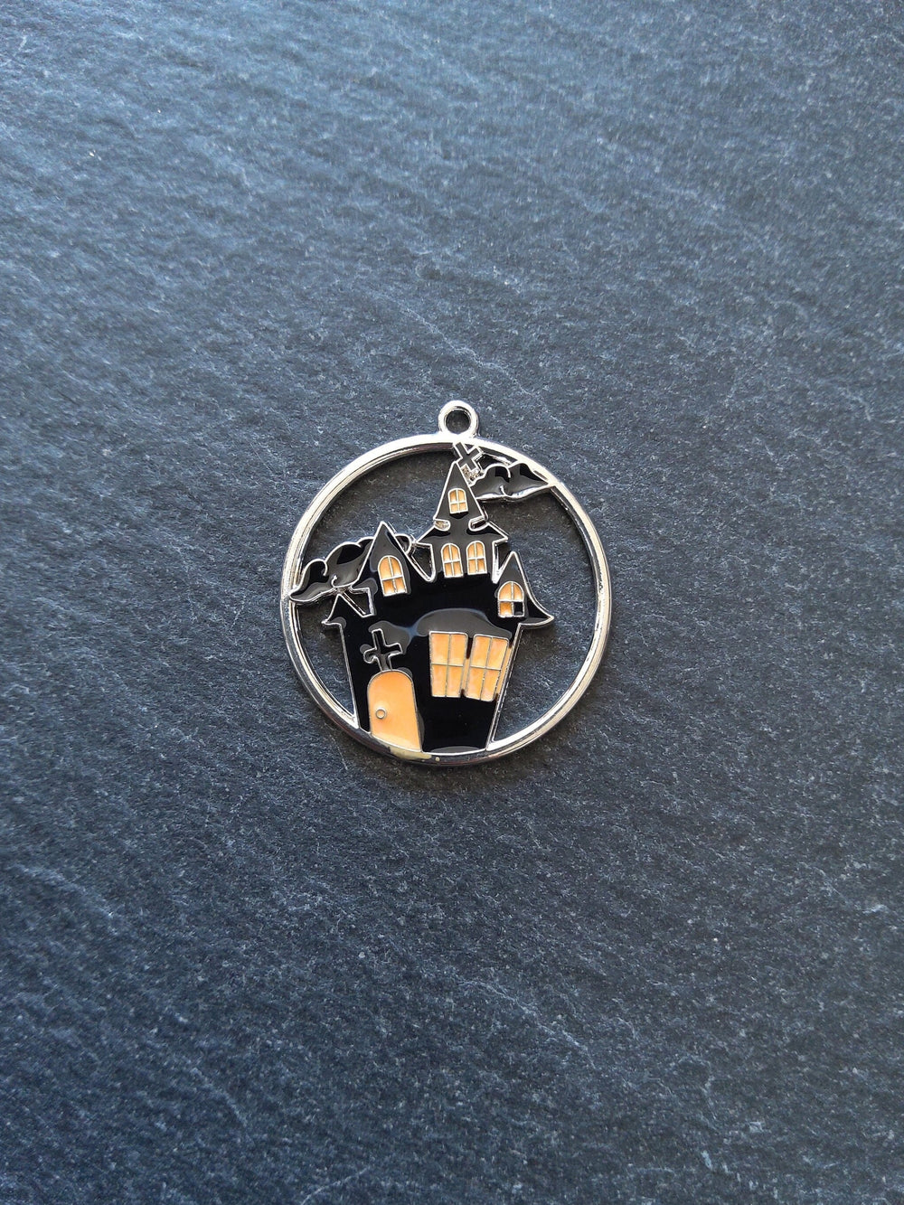 2 or 10 Haunted House Charms Antique Silver Alloy Black & Orange 12x8mm