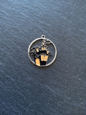 2 or 10 Haunted House Charms Antique Silver Tone Black & Orange 12x8mm