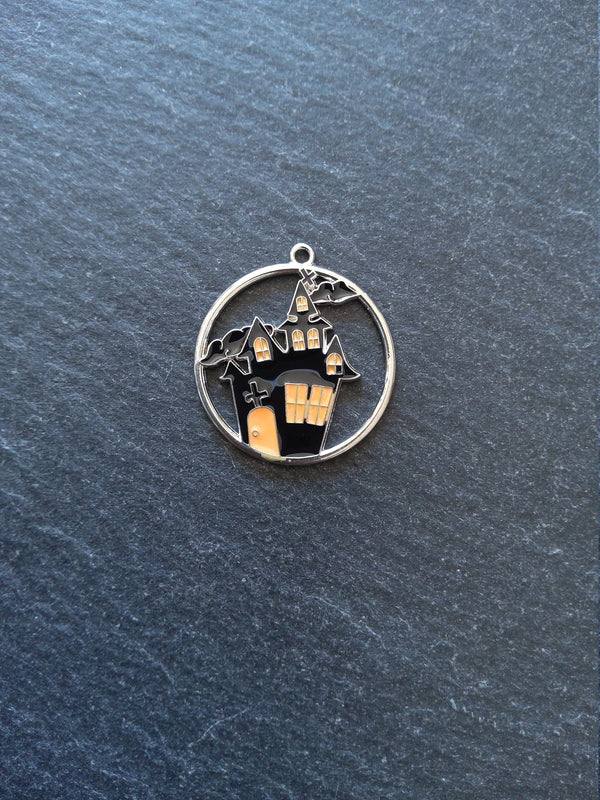 2 or 10 Haunted House Charms Antique Silver Tone Black & Orange 12x8mm