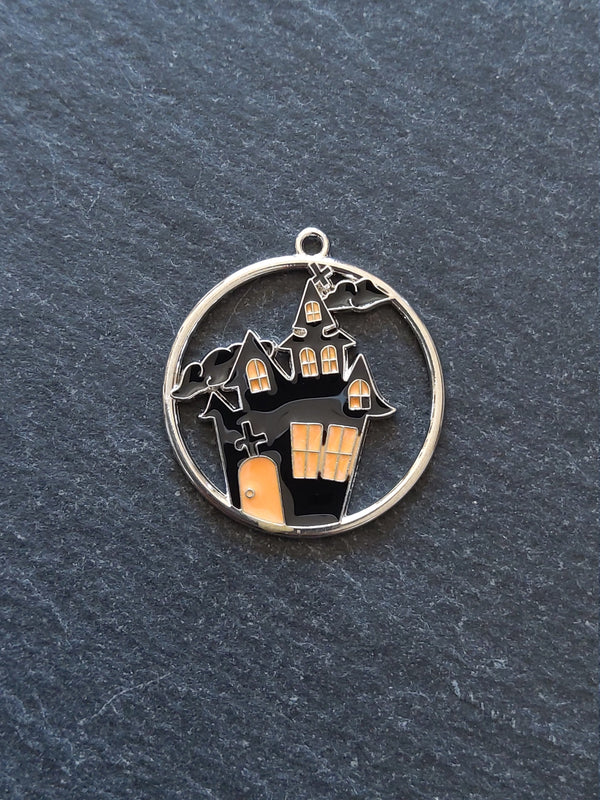 2 or 10 Haunted House Charms Antique Silver Tone Black & Orange 12x8mm