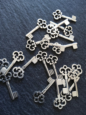 20 or 100 Antique Silver Tone Key Charms 21x10mm 1.5mm Thick