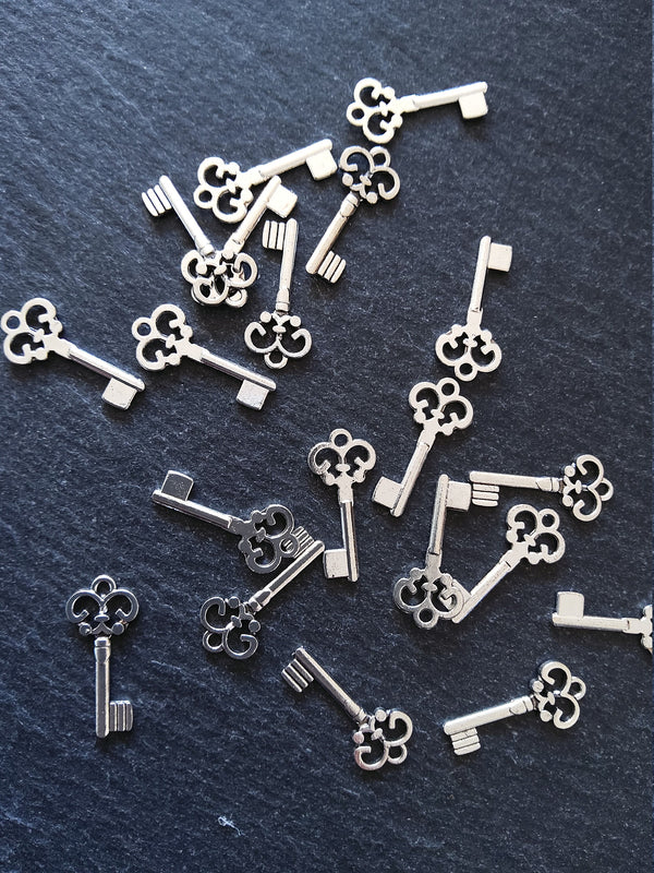 20 or 100 Antique Silver Tone Key Charms 21x10mm 1.5mm Thick