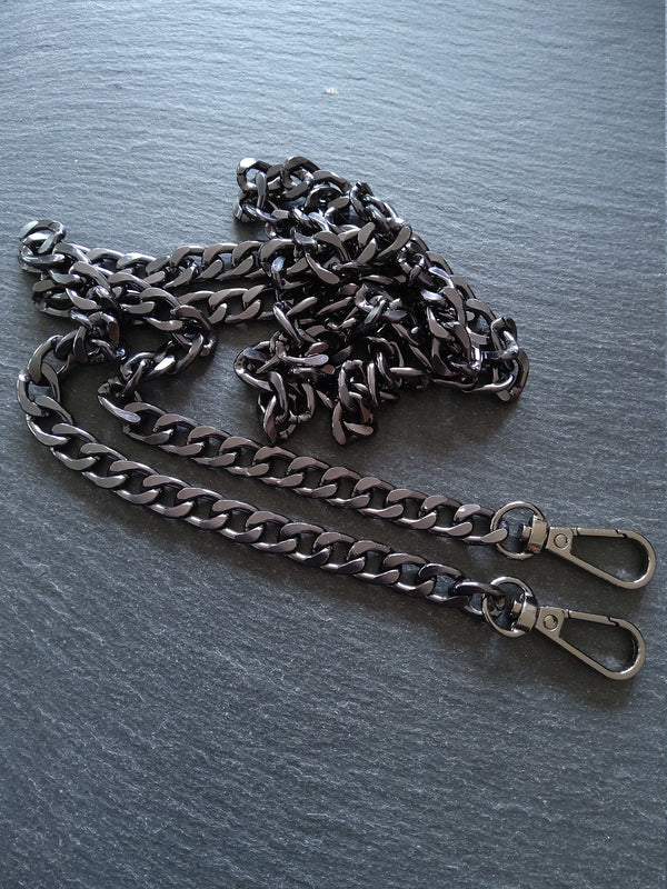 Gunmetal Tone Aluminium Chain Bag Strap with Clasps Lightweight & Strong. 47 inches (120cm) Long. 7mm Wide