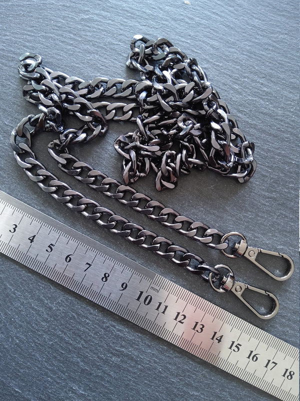 Gunmetal Tone Aluminium Chain Bag Strap with Clasps Lightweight & Strong. 47 inches (120cm) Long. 7mm Wide