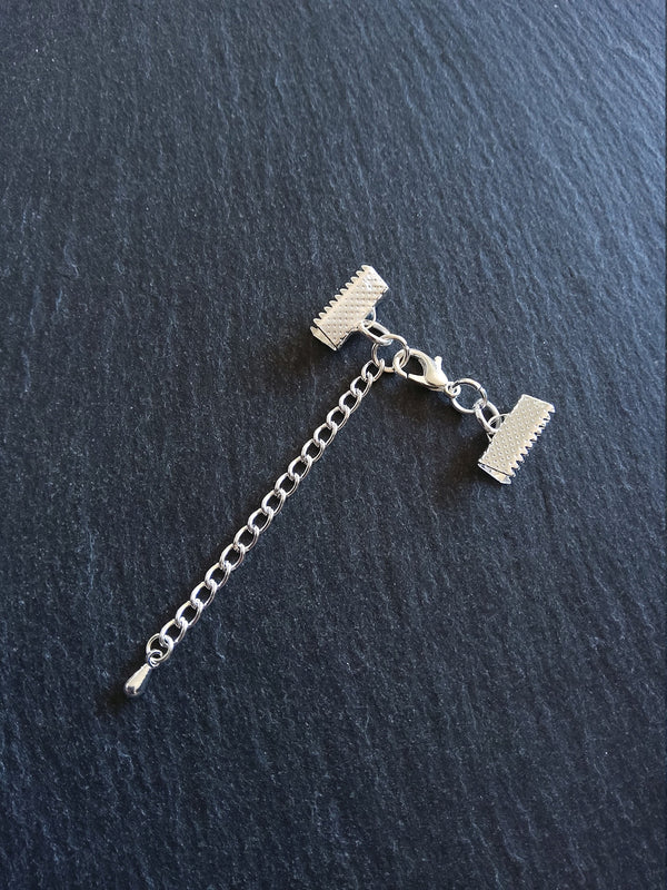 5 or 25 Silver Plated Crimp End Sets for 13mm (1/2") Ribbon Chokers with Extender Chain