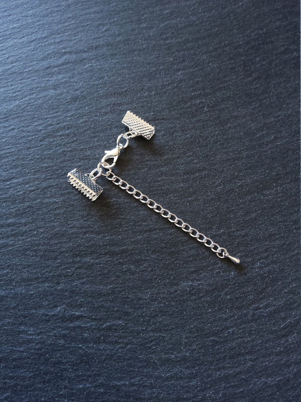 5 or 25 Silver Plated Crimp End Sets for 13mm (1/2") Ribbon Chokers with Extender Chain