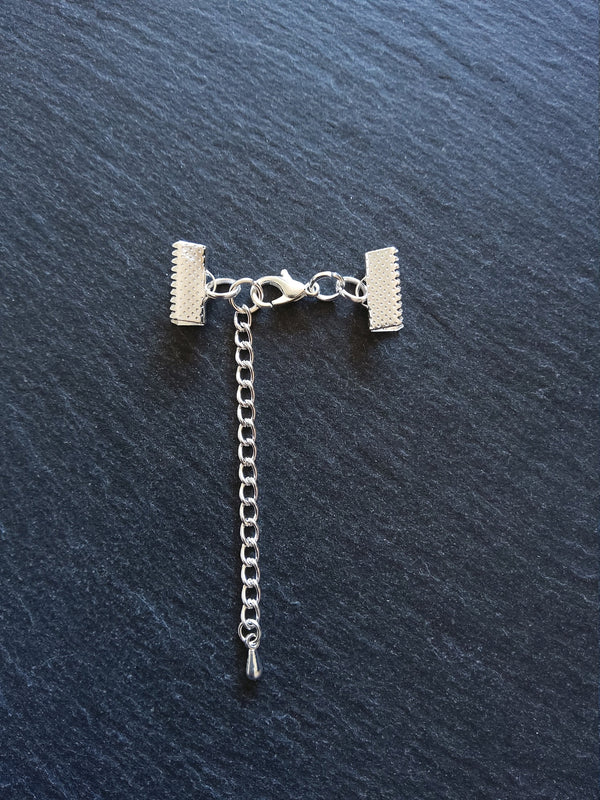 5 or 25 Silver Plated Crimp End Sets for 13mm (1/2") Ribbon Chokers with Extender Chain