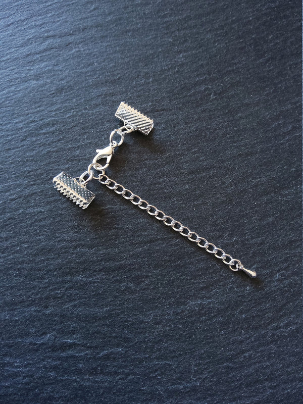 5 or 25 Silver Plated Crimp End Sets for 13mm (1/2") Ribbon Chokers with Extender Chain