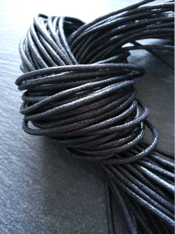 Waxed Black Cotton Cord 2mm Diameter Woven