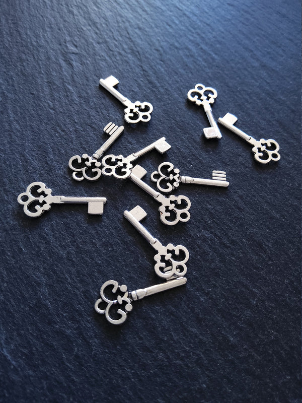 20 or 100 Antique Silver Tone Key Charms 21x10mm 1.5mm Thick