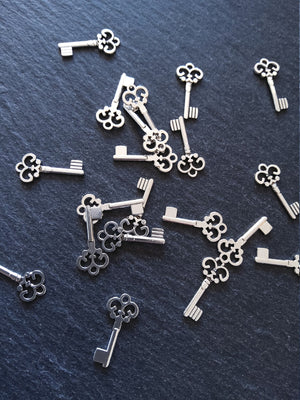 20 or 100 Antique Silver Tone Key Charms 21x10mm 1.5mm Thick