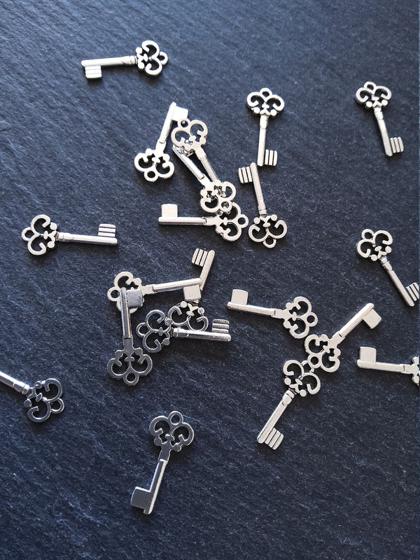 20 or 100 Antique Silver Tone Key Charms 21x10mm 1.5mm Thick