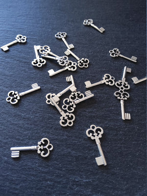 20 or 100 Antique Silver Tone Key Charms 21x10mm 1.5mm Thick