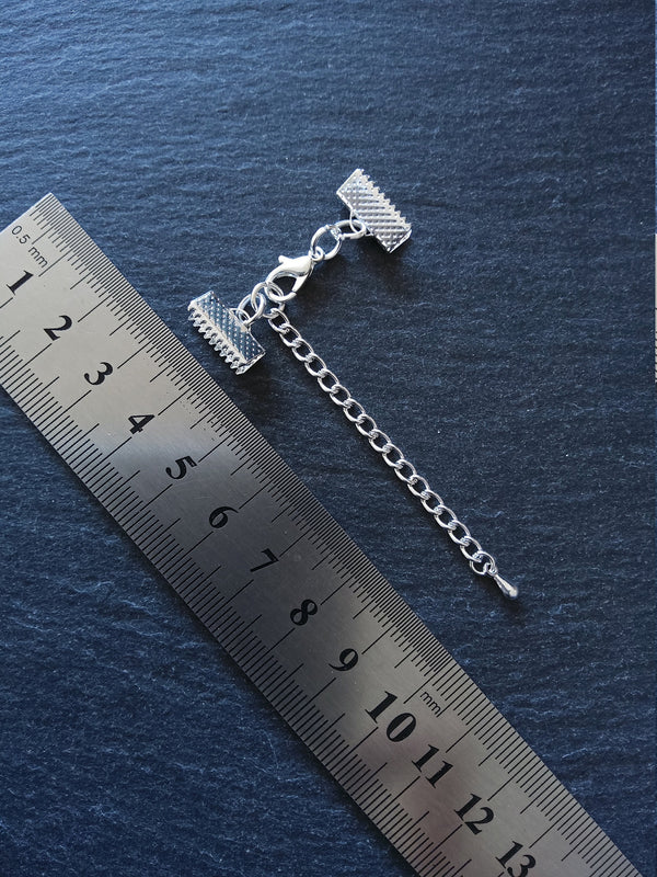 5 or 25 Silver Plated Crimp End Sets for 13mm (1/2") Ribbon Chokers with Extender Chain