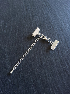 5 or 25 Silver Plated Crimp End Sets for 13mm (1/2") Ribbon Chokers with Extender Chain