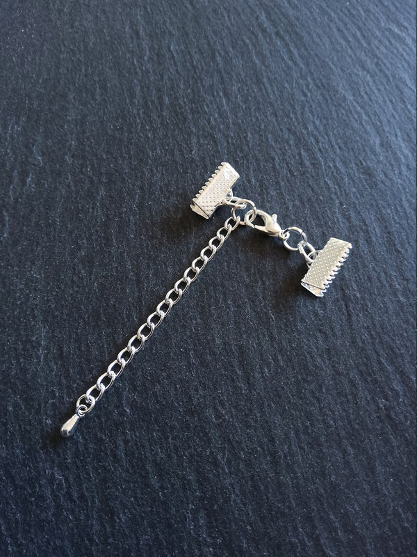 5 or 25 Silver Plated Crimp End Sets for 13mm (1/2") Ribbon Chokers with Extender Chain