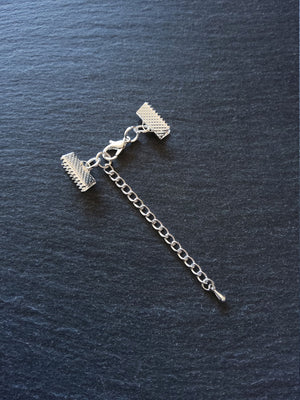 5 or 25 Silver Plated Crimp End Sets for 13mm (1/2") Ribbon Chokers with Extender Chain