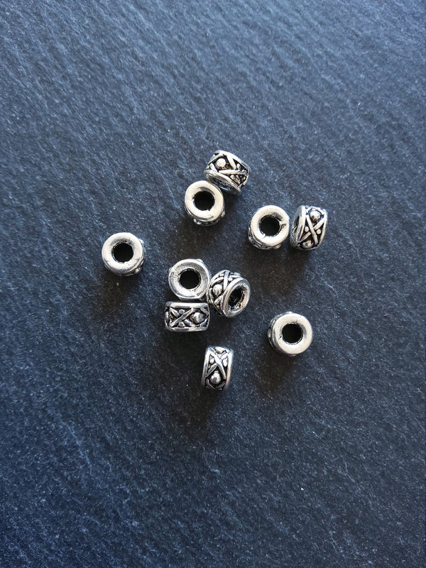 8 or 40 Antique Silver Tone 7mm Round Patterned Drum Spacer Beads 7x4.6mm Hole: 3.2mm