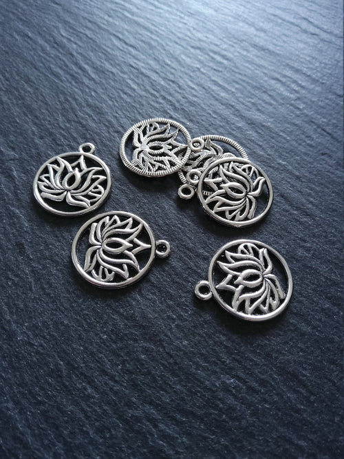 8 or 40 Round Lotus Flower Charms Antique Silver Tone 22x19mm