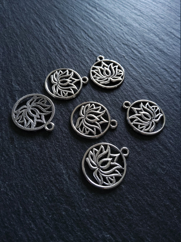 8 or 40 Round Lotus Flower Charms Antique Silver Tone 22x19mm