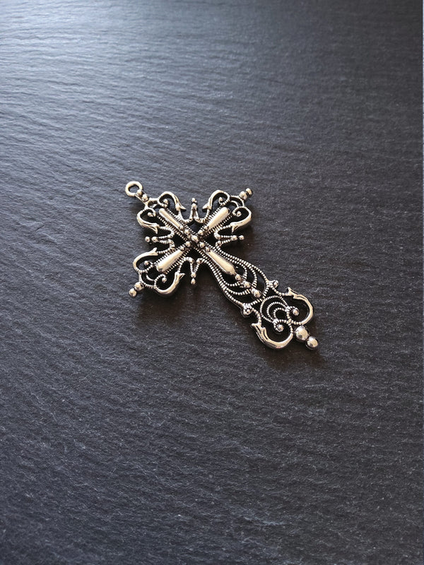 1 or 5 Large Ornate Antique Silver Tone Gothic Crucifix Pendants 64x42mm