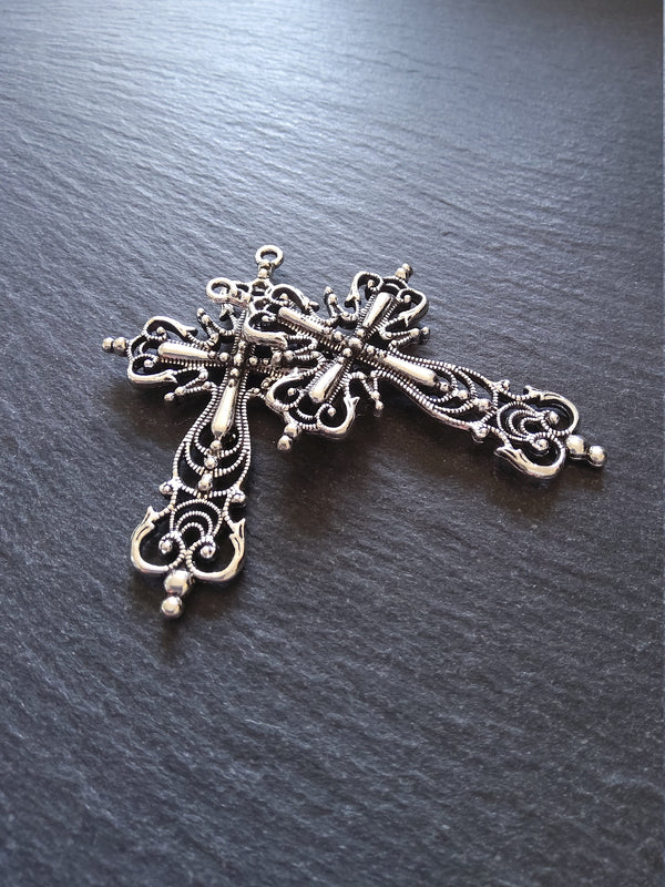 1 or 5 Large Ornate Antique Silver Tone Gothic Crucifix Pendants 64x42mm