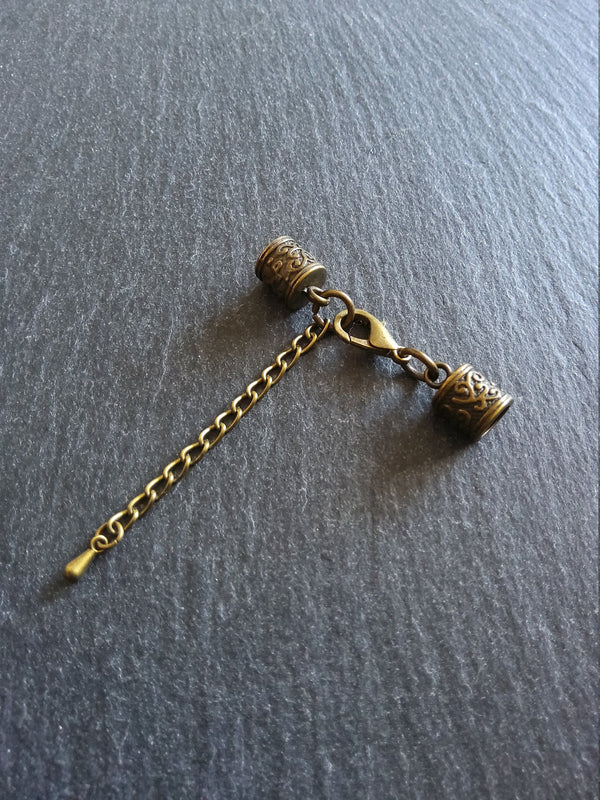 4 or 20 Antique Bronze Patterned End Cap Sets for 5mm Cord with Extender Chain (5.5mm end caps)
