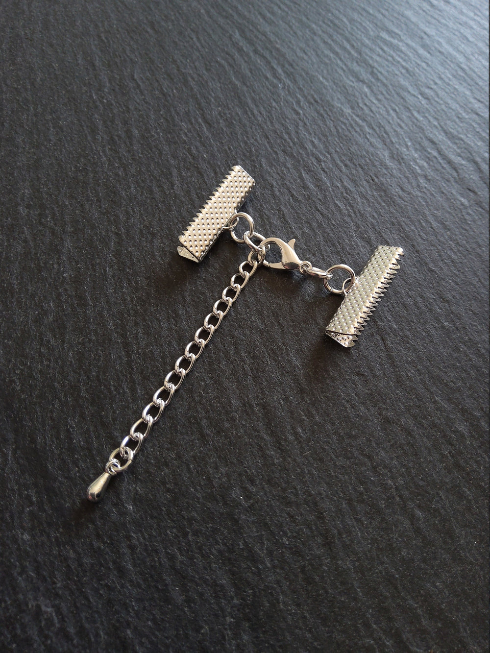 5 or 25 Silver Plated Crimp End Sets for 22mm (7/8") Wide Ribbon Chokers with Extender Chain - ContentedCatz