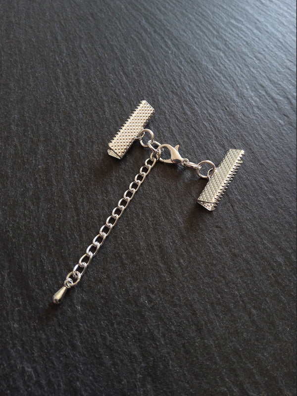 5 or 25 Silver Plated Crimp End Sets for 22mm (7/8") Wide Ribbon Chokers with Extender Chain - ContentedCatz