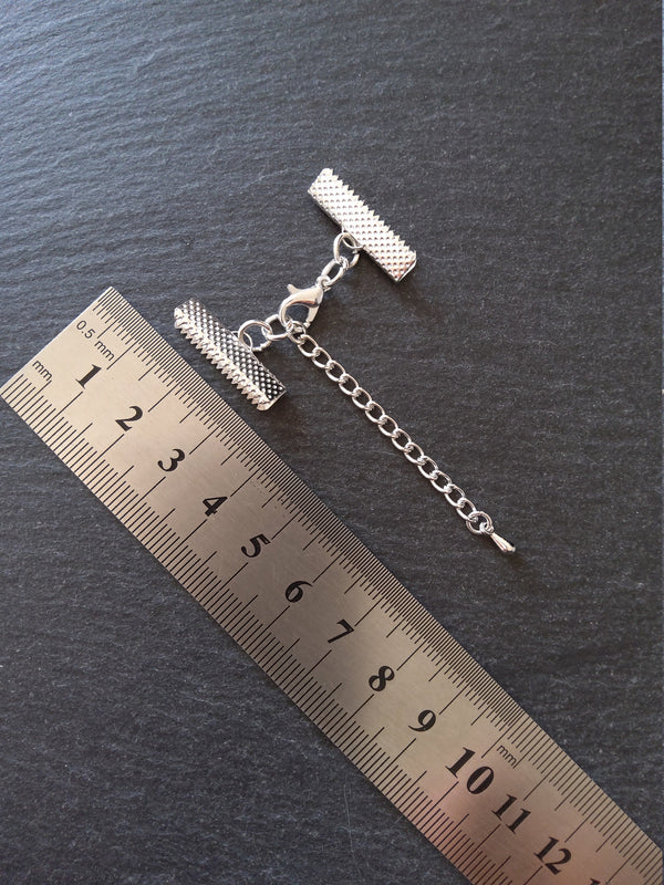 5 or 25 Silver Plated Crimp End Sets for 22mm (7/8") Wide Ribbon Chokers with Extender Chain - ContentedCatz