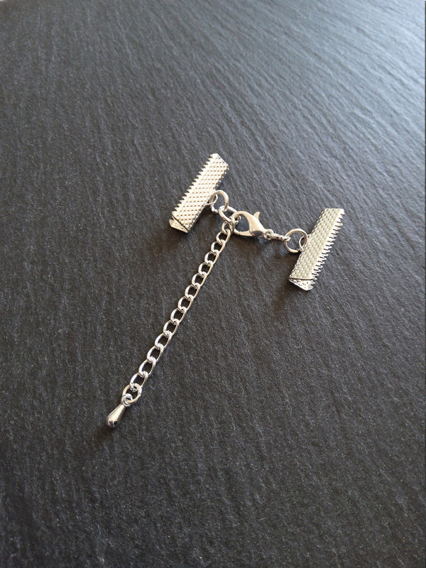 5 or 25 Silver Plated Crimp End Sets for 22mm (7/8") Wide Ribbon Chokers with Extender Chain - ContentedCatz