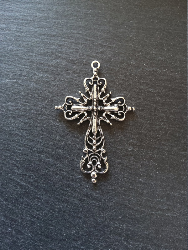 1 or 5 Large Ornate Antique Silver Tone Gothic Crucifix Pendants 64x42mm